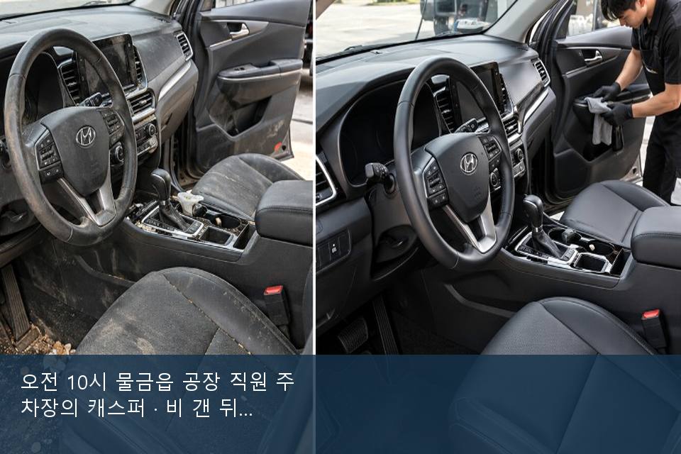 오전 10시 물금읍 공장 직원 주차장의 캐스퍼 · 비 갠 뒤의 작업